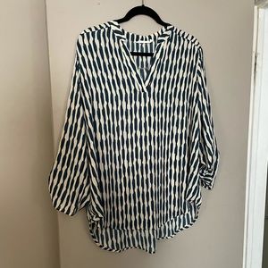 Lush White and Navy Patterned V-Neck Blouse